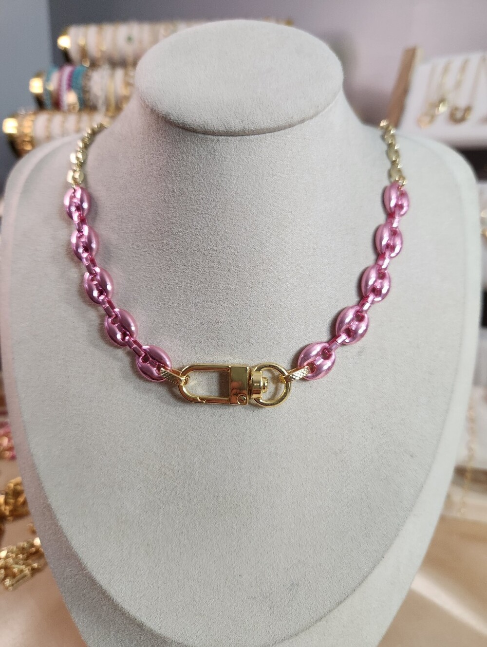Two Tone Pink Chrome Charm Holder Necklace